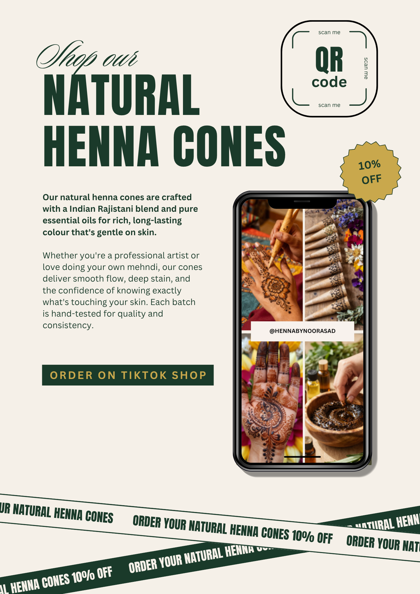 Promotional graphic for natural henna cones, featuring large dark green text, a 10% off badge, a QR code label, descriptive copy about the henna cones, and a smartphone mockup displaying before-and-after henna application photos.