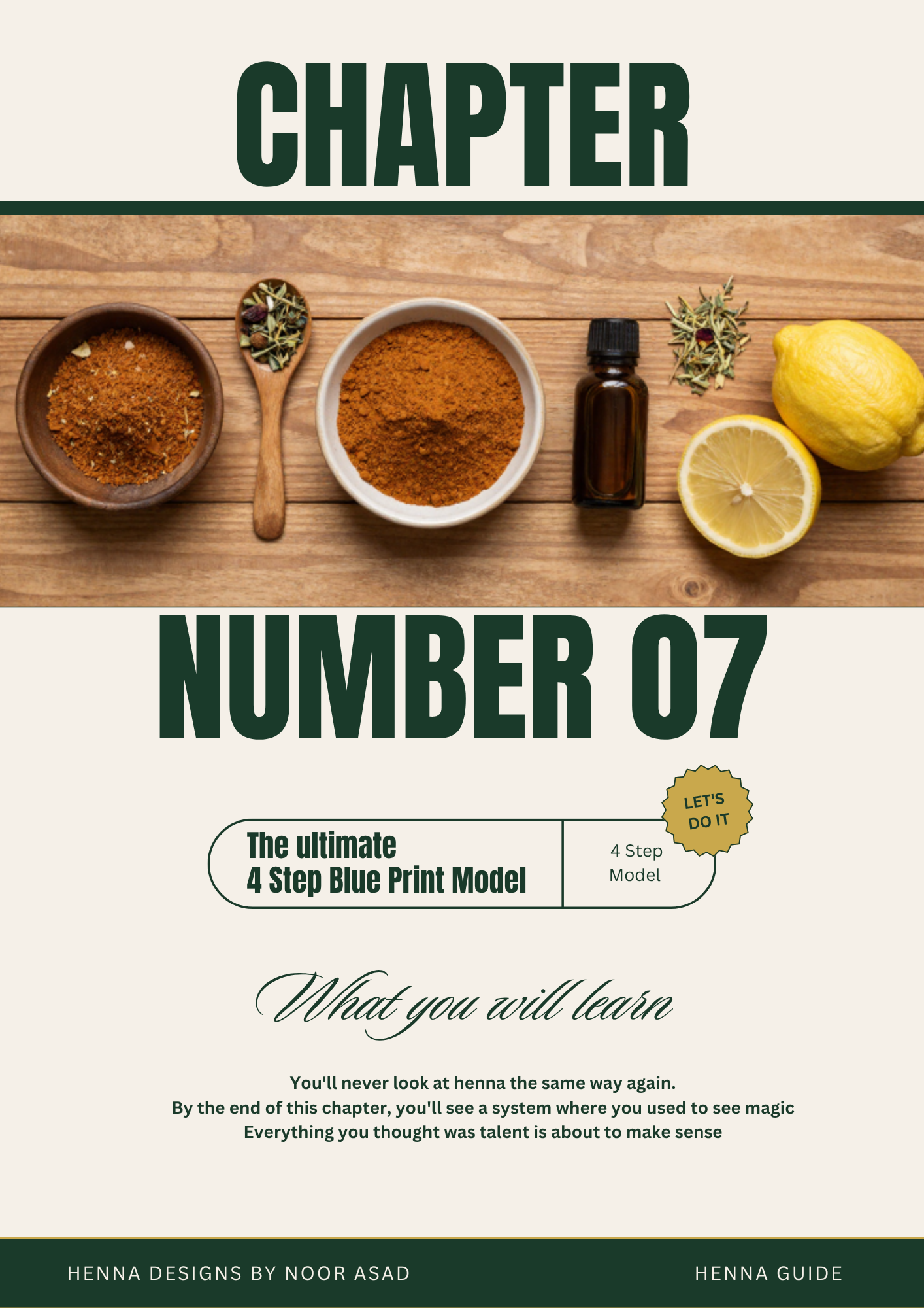 A book or guide cover titled 'CHAPTER NUMBER 07' with a cream background, dark green typography, and a central food-and-spice photo showing spices, a lemon, and an amber bottle on a wooden surface. Text at the bottom reads 'The ultimate 4 Step Blue Print Model' and 'What you will learn.