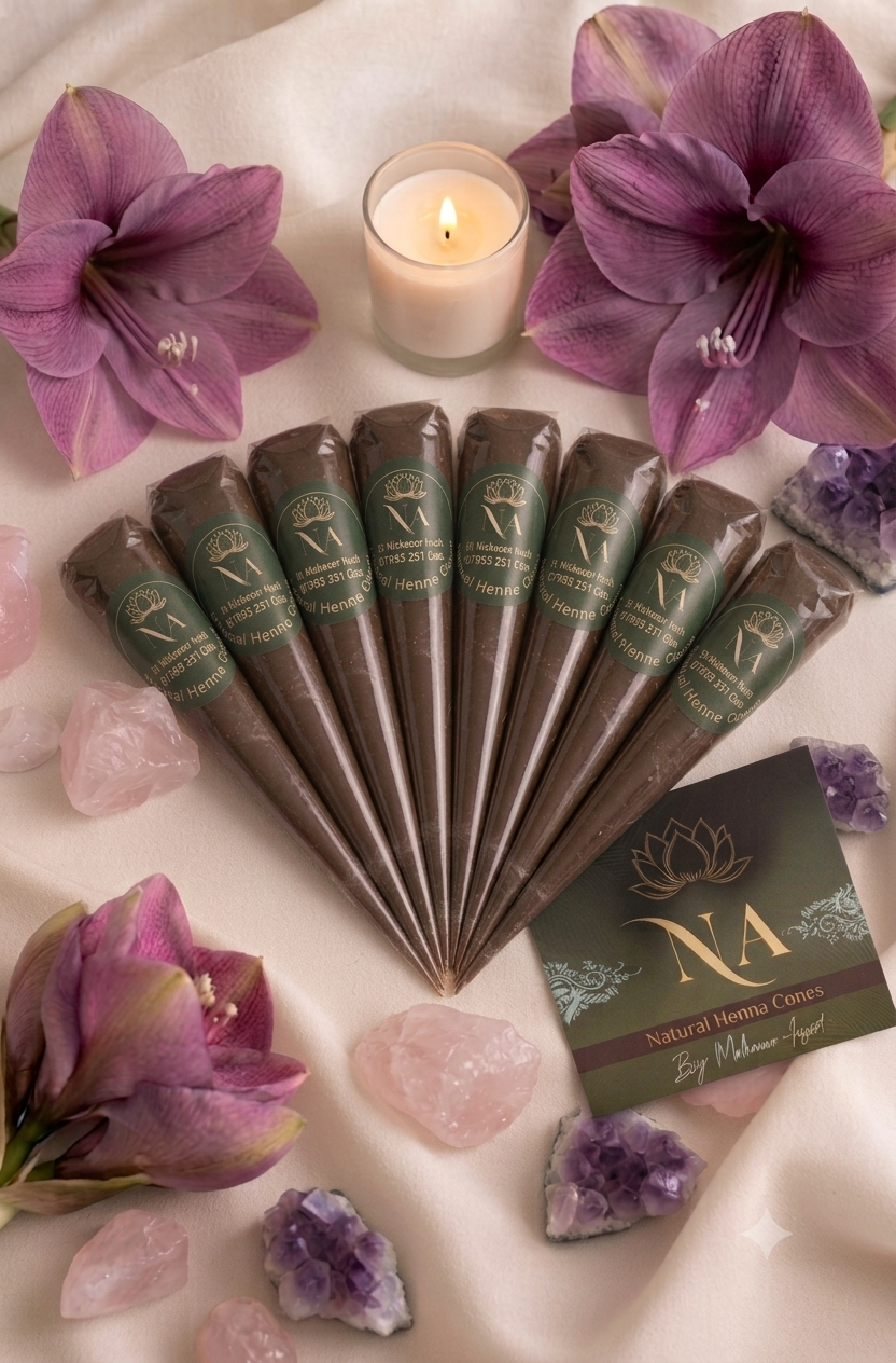 A set of brown cone-shaped incense sticks with green labels arranged in a fan shape on a draped cream fabric, surrounded by purple amaryllis, pink rose quartz, purple amethyst crystals, and a lit candle. A branded card for 'NA Natural Home Cares' is visible in the lower right.