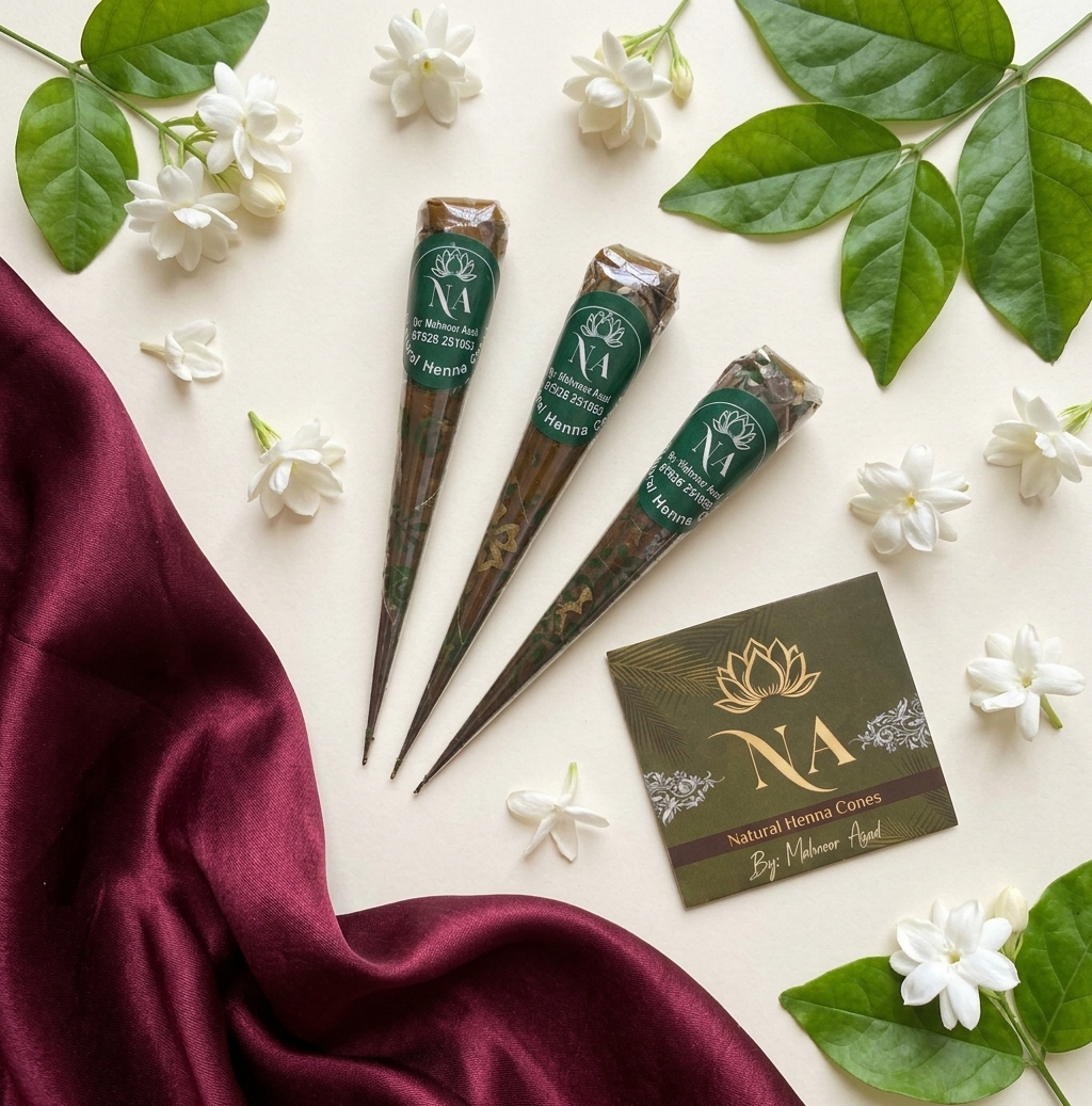 A set of brown cone-shaped incense sticks with green labels arranged in a fan shape on a draped cream fabric, surrounded by purple amaryllis, pink rose quartz, purple amethyst crystals, and a lit candle. A branded card for 'NA Natural Home Cares' is visible in the lower right.
