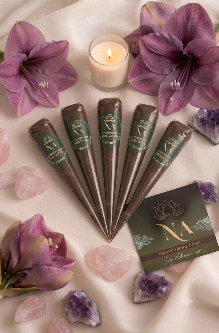 Five cone-shaped natural hair extensions in dark brown are arranged in a fan shape on a draped cream fabric, surrounded by purple amaryllis, pink and purple crystals, a lit candle, and a branded NA Natural Hair Extensions card.