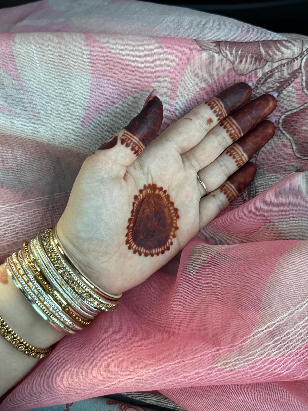 Rajasthan-sourced organic henna cones for dark stain mehndi. Dark stain design with traditional circle chokar in the center of the hand 