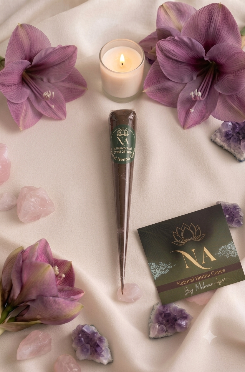 A set of brown cone-shaped incense sticks with green labels arranged in a fan shape on a draped cream fabric, surrounded by purple amaryllis, pink rose quartz, purple amethyst crystals, and a lit candle. A branded card for 'NA Natural Home Cares' is visible in the lower right.