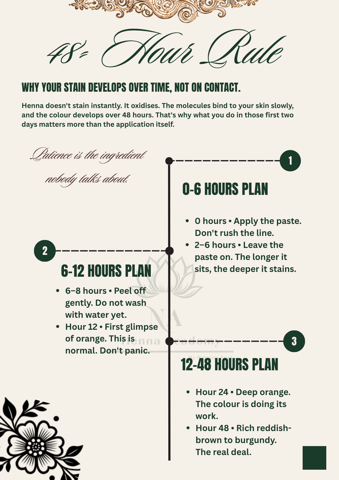 An informational infographic titled '48 Hour Rule' explaining how hair stains develop over time, with three numbered sections detailing plans from 0-6 hours to 12-48 hours, on a cream-colored background with black text and decorative floral elements.