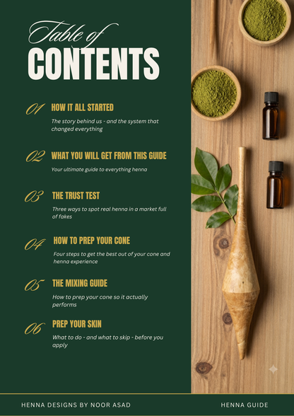 A table of contents poster for a henna guide, featuring a dark green left panel with white and gold text and a right panel showing a wooden background with bowls of green henna powder, small bottles, and a wooden pestle.